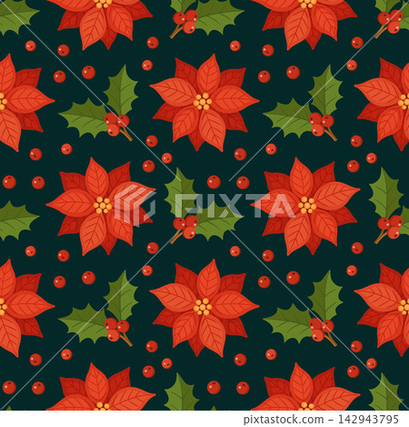 Dark Green Christmas Poinsettia Flower Seamless Pattern Vector Background Dark Green Christmas Poinsettia Flower Seamless Pattern Vector Background 142943795