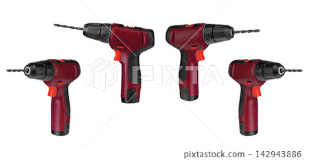 Set of four electric cordless driver drills isolated on white background for construction design Set of four electric cordless driver drills isolated on white background for construction design 142943886