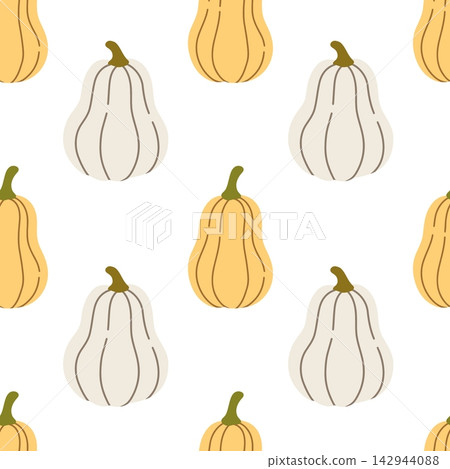 Spotted pumpkin seamless vector pattern, orange and cream squash with polka dots, whimsical autumn harvest, vintage botanical fall repeat design Spotted pumpkin seamless vector pattern, orange and cream squash with polka dots, whimsical autumn harvest, vintage botanical fall repeat design 142944088