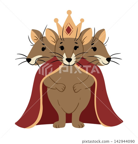 Threeheaded Rat King, Christmas villain, vector illustration. The fantastical character combines three snarling rat faces, a crown and ornate costume, creating a dramatic theatrical figure from the 142944090