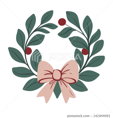 Mistletoe wreath with bow, Christmas decoration, vector illustration. Interwoven leafy branches form a circular botanical wreath finished with a large ribbon and delicate berries for a traditional Mistletoe wreath with bow, Christmas decoration, vector illustration. Interwoven leafy branches form a circular botanical wreath finished with a large ribbon and delicate berries for a traditional 142944091
