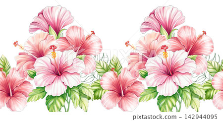 Hibiscus flower watercolor blossom brunch, seamless border ornament Hibiscus flower watercolor blossom brunch, seamless border ornament 142944095