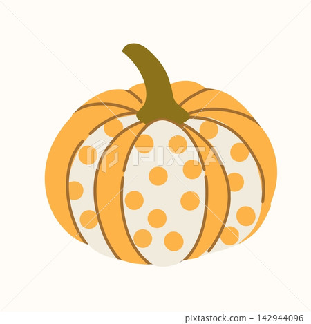 Spotted pumpkin vector illustration, orange and cream ribbed squash with polka dots, whimsical autumn harvest vegetable, vintage botanical style Spotted pumpkin vector illustration, orange and cream ribbed squash with polka dots, whimsical autumn harvest vegetable, vintage botanical style 142944096