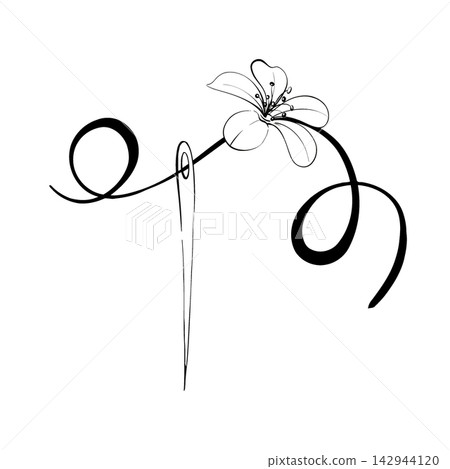 Vintage needle with thread, isolated. Sewing fashion, retro style for stitch, dressmaker, hobby and craft. Romantic. Graphic vector line, hand drawn, black silhouette for cricut Vintage needle with thread, isolated. Sewing fashion, retro style for stitch, dressmaker, hobby and craft. Romantic. Graphic vector line, hand drawn, black silhouette for cricut 142944120