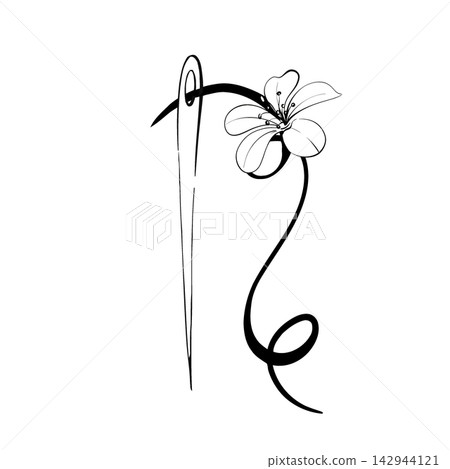 Vintage needle with thread, isolated. Sewing tool for fashion. With freesia. Retro style for stitch, dressmaker, hobby and craft. Graphic vector line, hand drawn, black silhouette for cricut Vintage needle with thread, isolated. Sewing tool for fashion. With freesia. Retro style for stitch, dressmaker, hobby and craft. Graphic vector line, hand drawn, black silhouette for cricut 142944121