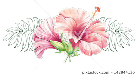 Watercolor hibiscus bouquet and palm foliage tropical border ornament Watercolor hibiscus bouquet and palm foliage tropical border ornament 142944130