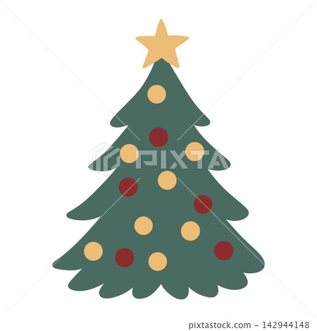 Christmas tree with ornaments, festive decoration, vector illustration. Layered evergreen branches are decorated with round baubles and a star, creating a classic holiday centerpiece with hand-drawn Christmas tree with ornaments, festive decoration, vector illustration. Layered evergreen branches are decorated with round baubles and a star, creating a classic holiday centerpiece with hand-drawn 142944148