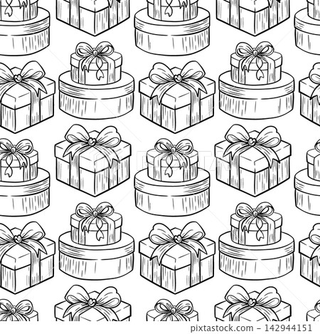 Christmas gift pattern with boxes, round presents, floral bows, vector seamless repeat. Mixed parcel shapes fill the surface in a dense hand-drawn arrangement of ribbons, flowers and decorative Christmas gift pattern with boxes, round presents, floral bows, vector seamless repeat. Mixed parcel shapes fill the surface in a dense hand-drawn arrangement of ribbons, flowers and decorative 142944151