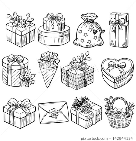 Christmas gift collection with presents, boxes, bows, baskets, envelopes, vector illustrations. Hand-drawn holiday motifs include cakes, bags and wrapped parcels in a detailed festive assortment Christmas gift collection with presents, boxes, bows, baskets, envelopes, vector illustrations. Hand-drawn holiday motifs include cakes, bags and wrapped parcels in a detailed festive assortment 142944154