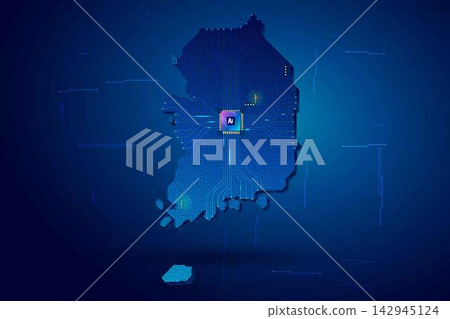 Simplified South Korea map circuit board with AI chip, infographic technology concept Simplified South Korea map circuit board with AI chip, infographic technology concept 142945124