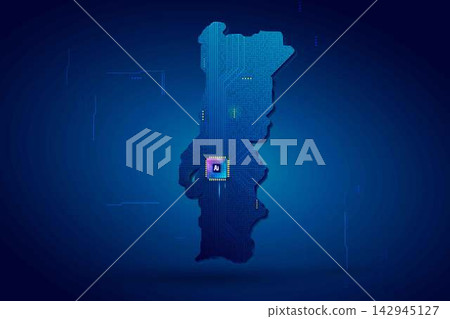 Simplified Portugal map circuit board with AI chip, infographic technology concept 142945127