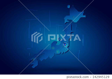 Simplified Japan map circuit board with AI chip, infographic technology concept Simplified Japan map circuit board with AI chip, infographic technology concept 142945129