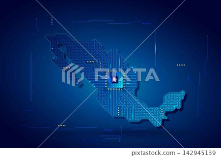Simplified Mexico map circuit board with AI chip, infographic technology concept Simplified Mexico map circuit board with AI chip, infographic technology concept 142945139