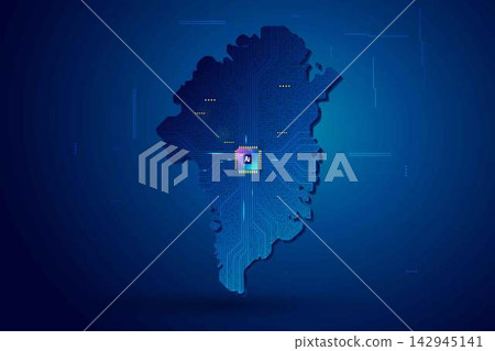 Simplified Greenland map circuit board with AI chip, infographic technology concept Simplified Greenland map circuit board with AI chip, infographic technology concept 142945141
