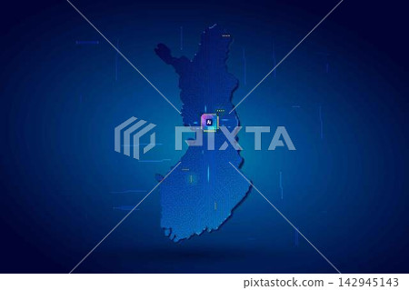 Simplified Finland map circuit board with AI chip, infographic technology concept Simplified Finland map circuit board with AI chip, infographic technology concept 142945143