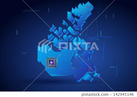 Simplified Canada map circuit board with AI chip, infographic technology concept Simplified Canada map circuit board with AI chip, infographic technology concept 142945146