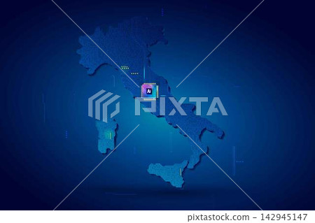 Simplified Italy map circuit board with AI chip, infographic technology concept 142945147