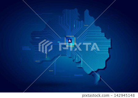 Simplified Australia map circuit board with AI chip, infographic technology concept 142945148
