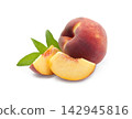 Ripe peaches with leaves on white backgrounds 142945816
