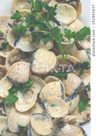 vongole clams, in cream sauce, on a white plate, homemade, top view, no people, vongole clams, in cream sauce, on a white plate, homemade, top view, no people, 142945837