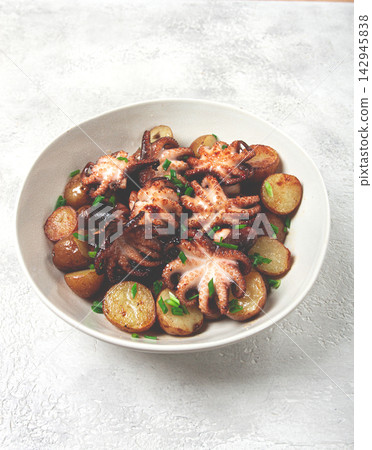 baby grilled octopus with golden baked potatoes and fresh herbs, Maltese cuisine, homemade, no people, baby grilled octopus with golden baked potatoes and fresh herbs, Maltese cuisine, homemade, no people, 142945838
