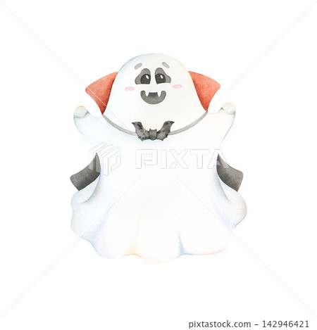 A watercolor Halloween character. A cute ghost in a vampire costume. A small, playfully spooky ghost a friendly spirit with fangs and a cape, hand drawn. Suitable for greeting cards, posters 142946421