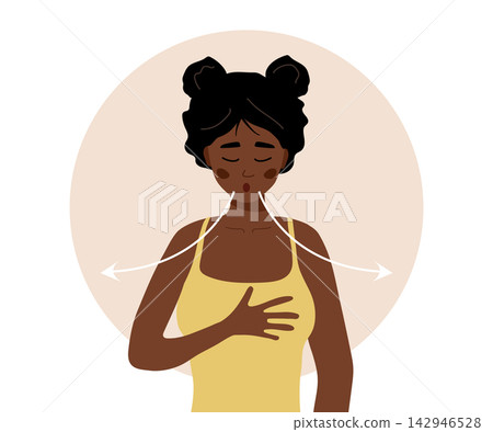 Deep breath exercise. African Female character breathing fresh air. Relaxation and meditation for mindfulness or stress relief. Vector illustration in flat style Deep breath exercise. African Female character breathing fresh air. Relaxation and meditation for mindfulness or stress relief. Vector illustration in flat style 142946528