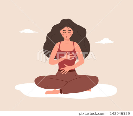 Deep breath. Female character in lotus position makes breathing exercise. Awareness, mindfulness and meditation. Vector flat illustration Deep breath. Female character in lotus position makes breathing exercise. Awareness, mindfulness and meditation. Vector flat illustration 142946529