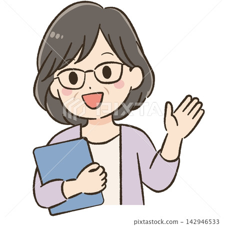 Daily life and communication materials for a woman in her 60s: Smiling, holding a binder, saying "Hi!" Daily life and communication materials for a woman in her 60s: Smiling, holding a binder, saying "Hi!" 142946533