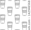 Black and white doodle pattern of paper cup with warm coffee for walking. Simple vector sketch for Christmas drink branding and cafe packaging 142946568