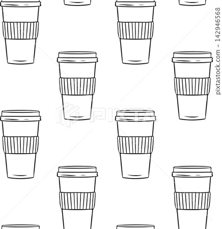 Black and white doodle pattern of paper cup with warm coffee for walking. Simple vector sketch for Christmas drink branding and cafe packaging Black and white doodle pattern of paper cup with warm coffee for walking. Simple vector sketch for Christmas drink branding and cafe packaging 142946568