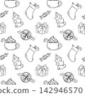 Black and white doodle pattern of Christmas and New Year elements, toys, candies, sweets, drinks and gifts. Simple vector sketch for holiday branding and packaging 142946570