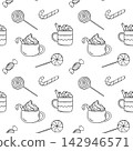 Black and white doodle pattern of Christmas sweets and drinks with striped lollipops, warm cocoa and marshmallows. Simple vector sketch for holiday cafe branding and packaging 142946571