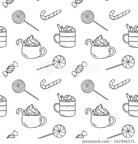 Black and white doodle pattern of Christmas sweets and drinks with striped lollipops, warm cocoa and marshmallows. Simple vector sketch for holiday cafe branding and packaging 142946571