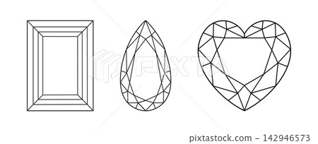 Set of Baguette, Heart, Pear diamond cuts patterns. Gemstone outline icons for jewellery design, branding, logos. Pear, Baguette, Heart diamond icons. Brilliant cut shapes. 142946573