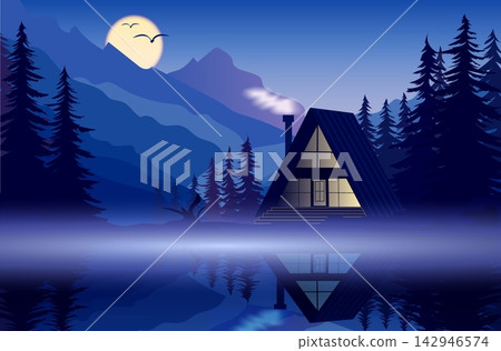 Vector illustration of a cabin by a lake under a night sky with mountains and a full moon Vector illustration of a cabin by a lake under a night sky with mountains and a full moon 142946574