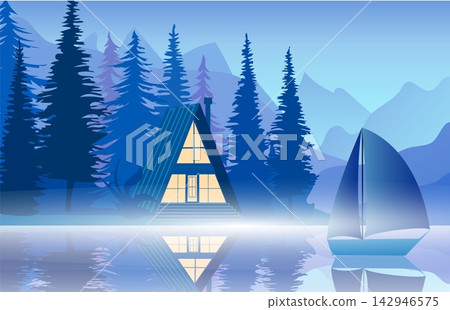 Cabin near a lake with a sailboat at twilight in a mountainous area 142946575