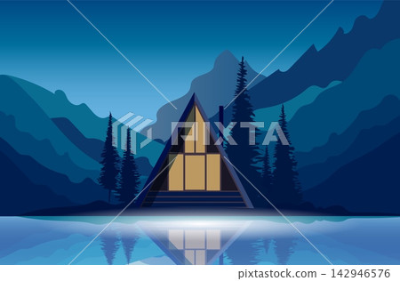 Mountain cabin near a lake during night with reflections and surrounding trees Mountain cabin near a lake during night with reflections and surrounding trees 142946576