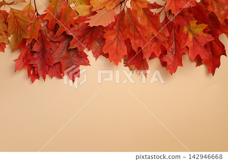 Greeting card, Hello, Autumn.Abstract autumn composition with maple leaves against a vibrant seasonal background, still life and Thanksgiving concept, a beautiful sunny banner and design template Greeting card, Hello, Autumn.Abstract autumn composition with maple leaves against a vibrant seasonal background, still life and Thanksgiving concept, a beautiful sunny banner and design template 142946668
