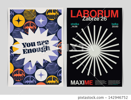 Modern Editorial A4 Poster Layout Featuring Radial Sunburst Design and Mid Century Aesthetic. Vector Illustration. Modern Editorial A4 Poster Layout Featuring Radial Sunburst Design and Mid Century Aesthetic. Vector Illustration. 142946752