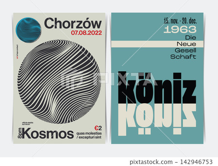 Modern Swiss Style A4 Poster Layout with Abstract Striped Sphere and Bold Minimal Typography. Vector Illustration. Modern Swiss Style A4 Poster Layout with Abstract Striped Sphere and Bold Minimal Typography. Vector Illustration. 142946753