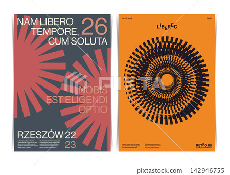 Contemporary A4 Poster Layout Featuring Abstract Optical Circular Pattern and Swiss Graphic Style. Vector Illustration. 142946755