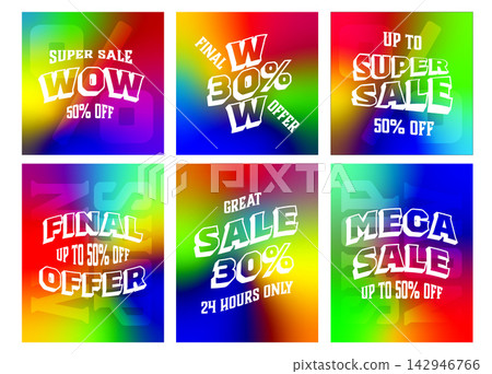 Vibrant Acid Gradient Social Media Sale Posts. Y2K Style Discount Banner Vector Illustration Set Vibrant Acid Gradient Social Media Sale Posts. Y2K Style Discount Banner Vector Illustration Set 142946766