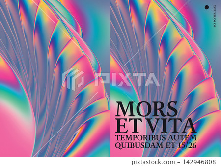 Futuristic A4 Poster Layout Featuring Liquid Chrome Gradient and Abstract Holographic Background. Futuristic A4 Poster Layout Featuring Liquid Chrome Gradient and Abstract Holographic Background. 142946808
