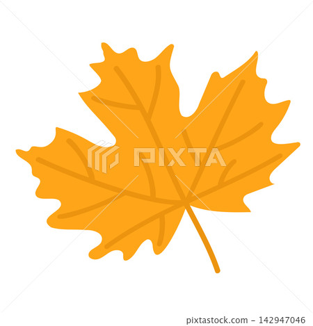 Flat vector illustration of a single golden-orange maple leaf with darker veins, five stylized lobes, and a small stem, minimalist clean modern style on white background for autumn seasonal design. Flat vector illustration of a single golden-orange maple leaf with darker veins, five stylized lobes, and a small stem, minimalist clean modern style on white background for autumn seasonal design. 142947046