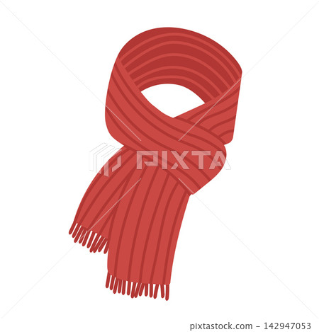 Flat vector illustration of a red knitted winter scarf folded into a loop with vertical ribbing and fringe tassels at the ends, minimalist graphic style on white background for cold season. Flat vector illustration of a red knitted winter scarf folded into a loop with vertical ribbing and fringe tassels at the ends, minimalist graphic style on white background for cold season. 142947053