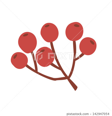 Flat vector illustration of six round red winter berries on a branched dark brown twig, minimalist clean style with small dark spots on each berry, isolated on white background for seasonal design. Flat vector illustration of six round red winter berries on a branched dark brown twig, minimalist clean style with small dark spots on each berry, isolated on white background for seasonal design. 142947054