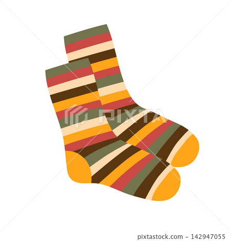 Cute pair of colorful striped socks in warm autumn tones, featuring olive green, orange, brown, cream and red horizontal patterns. Flat vector illustration isolated on white. Cute pair of colorful striped socks in warm autumn tones, featuring olive green, orange, brown, cream and red horizontal patterns. Flat vector illustration isolated on white. 142947055