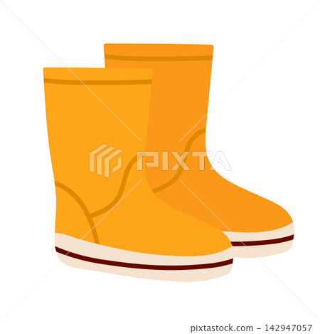 Flat vector illustration of a pair of bright yellow-orange Wellington rain boots with white outsoles and dark red stripe, shown in side profile, minimalist cartoon style on white background. Flat vec 142947057