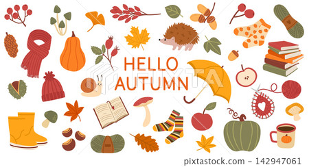 Hand drawn vector set autumn elements. Pumpkins, leaves, hedgehog, scarf, boots, umbrella, books, mushrooms, apples, coffee and yarn surrounding “Hello Autumn” lettering. 142947061